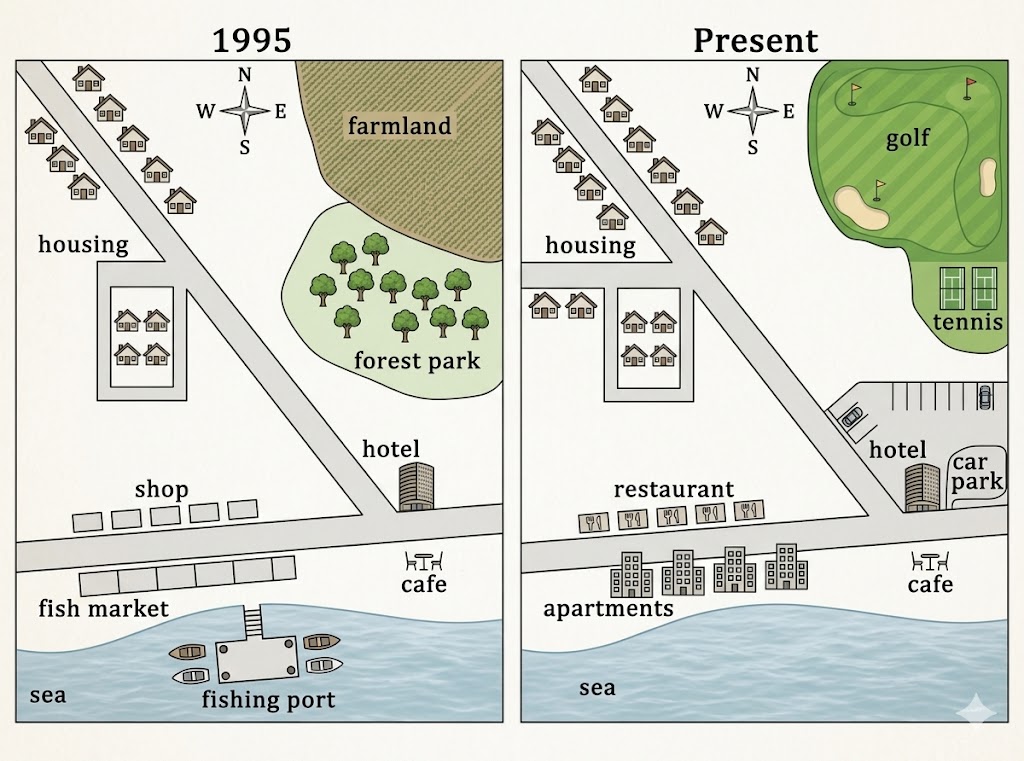 Coastal town map comparison between 1995 and present day